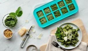 Freezing leftover pesto, lemon juice, chicken stock, wine and other ingredients is a great way to save yourself a step the next time you cook. 